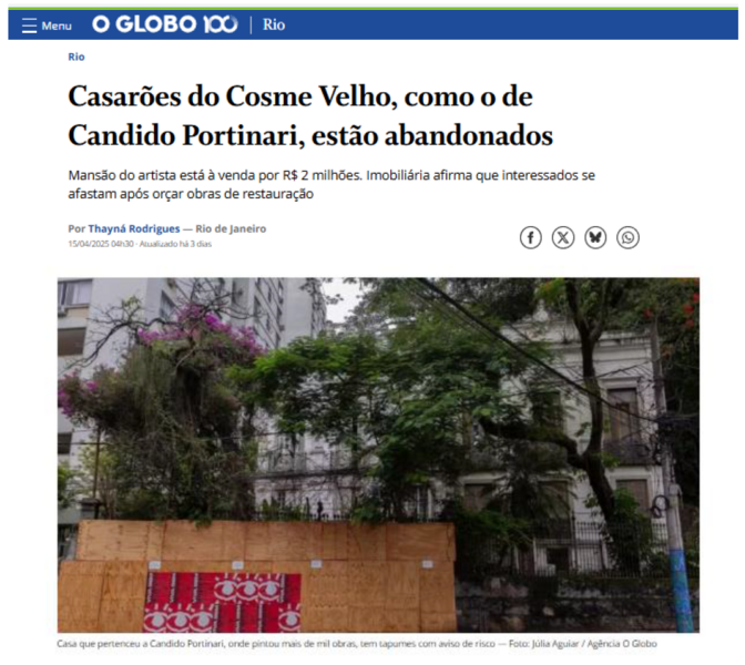 Casarões do Cosme Velho, como o de Candido Portinari, estão abandonados