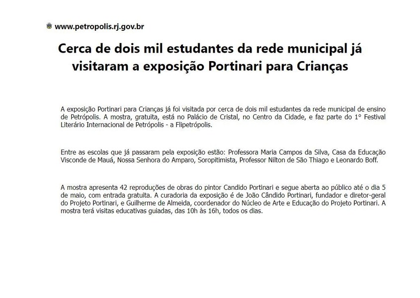 Cerca de dois mil estudantes da rede municipal já visitaram a exposição Portinari para Crianças