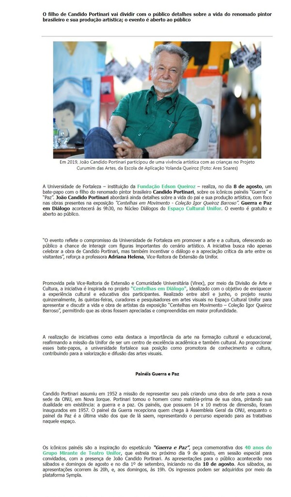 Unifor recebe João Candido Portinari para bate-papo sobre os painéis “Guerra" e "Paz”