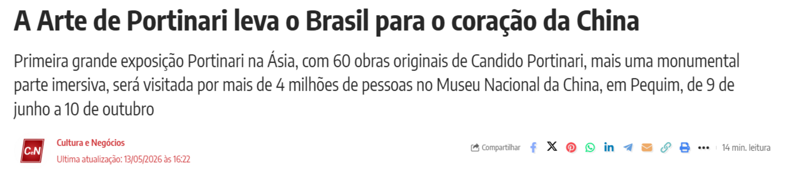 A Arte de Portinari leva o Brasil para o coração da China