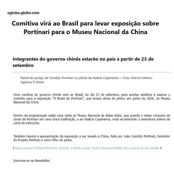 Comitiva virá ao Brasil para levar exposição sobre Portinari para o Museu Nacional da China